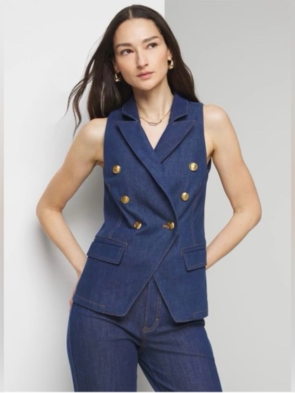 White House Black Market Navy Double-Breasted Sleeveless Blazer Vest & Pants Set